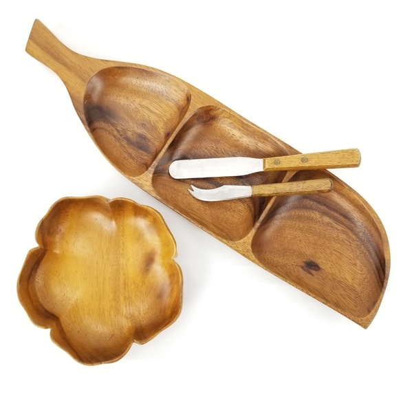 Vintage Monkey Pod Acacia Wood Tray Bowl Tiki Set